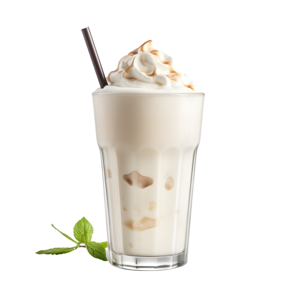 ai generado con hielo chocolate malteada con azotado crema en vaso en transparente antecedentes png