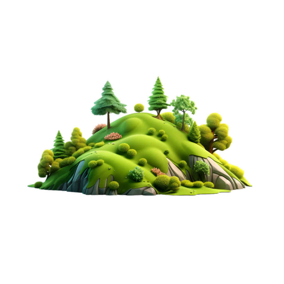 AI generated Green island with trees and grass 3d render on transparent background png file