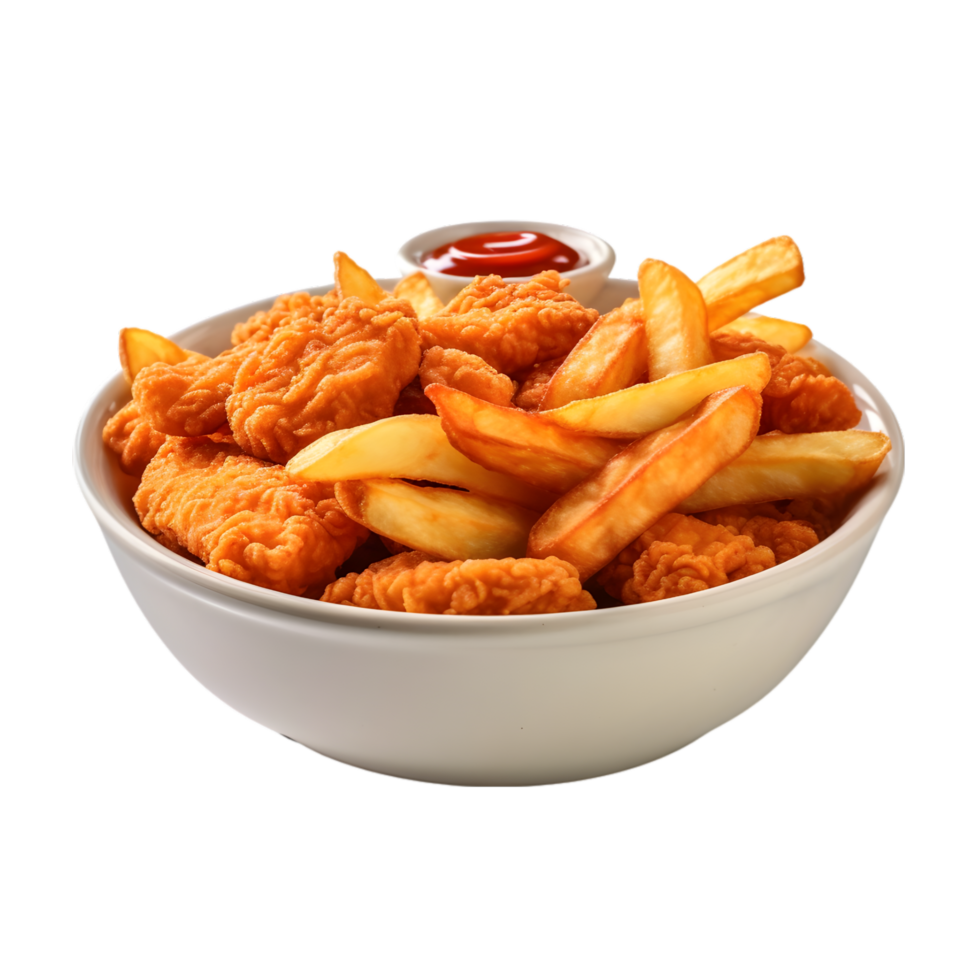 AI generated Bowl of deep fried chicken nuggets with ketchup isolated on transparent background png file