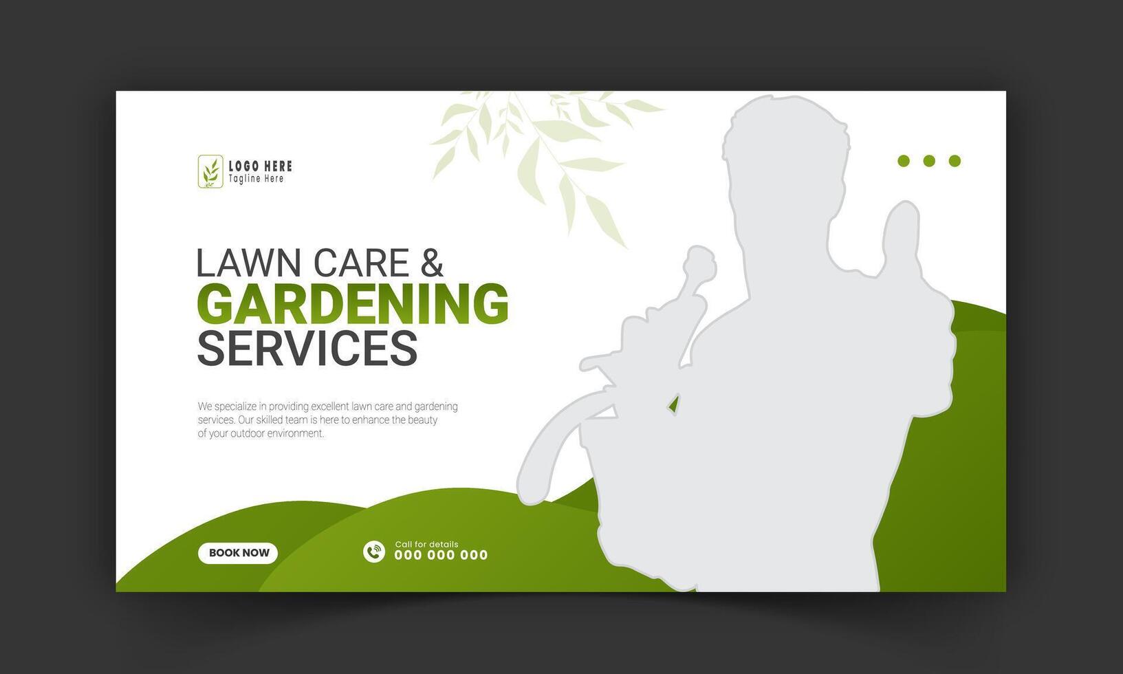 Corporate lawn care and gardening or landscaping service live stream video thumbnail design, lawn mower, gardening, promotion, social media post, cover template, abstract amazing green color shapes vector