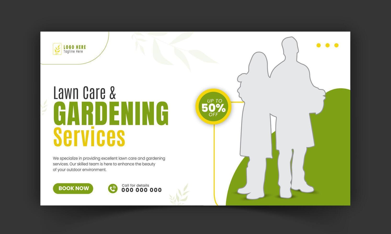 Corporate lawn care and gardening or landscaping services live stream video thumbnail design, lawn mower, gardening, promotion, social media post, cover template, abstract green, yellow color shapes vector