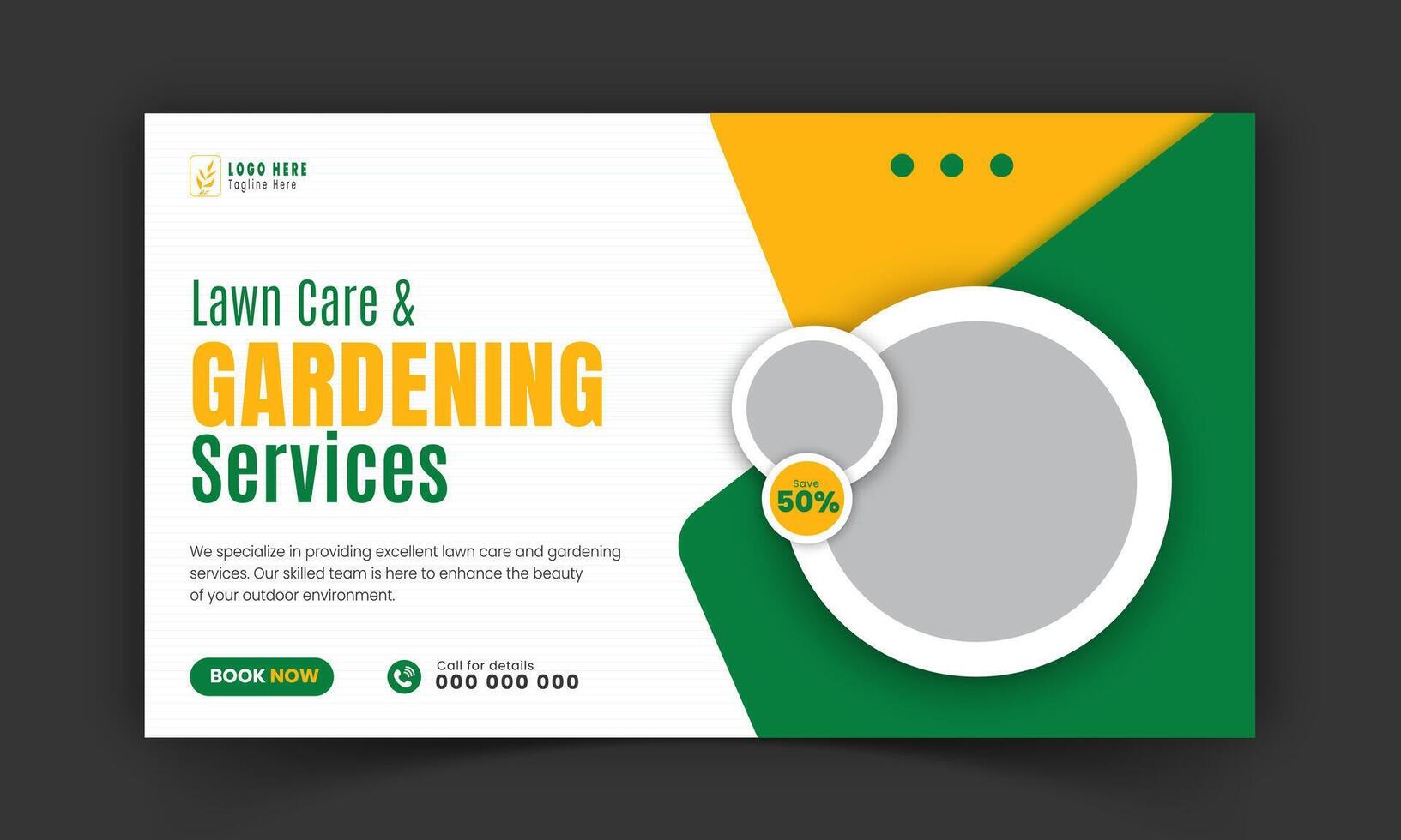 Corporate lawn care and gardening or landscaping service live stream video thumbnail design, lawn mower, gardening, promotion, web banner, template, abstract green and yellow color shapes vector