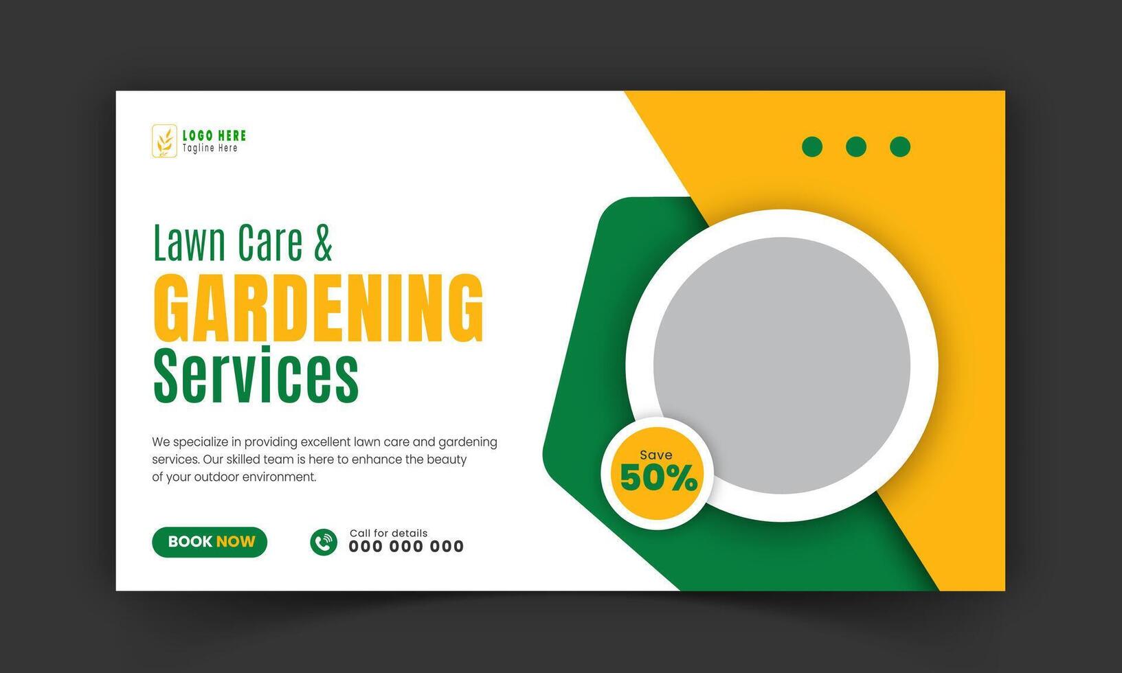 Corporate lawn care and gardening or landscaping service live stream video thumbnail design, lawn mower, gardening, promotion, web banner, template, abstract green and yellow color shapes vector