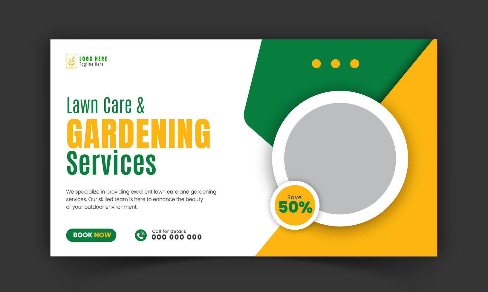 Corporate lawn care and gardening or landscaping service live stream video thumbnail design, lawn mower, gardening, promotion, web banner, template, abstract green and yellow color shapes vector