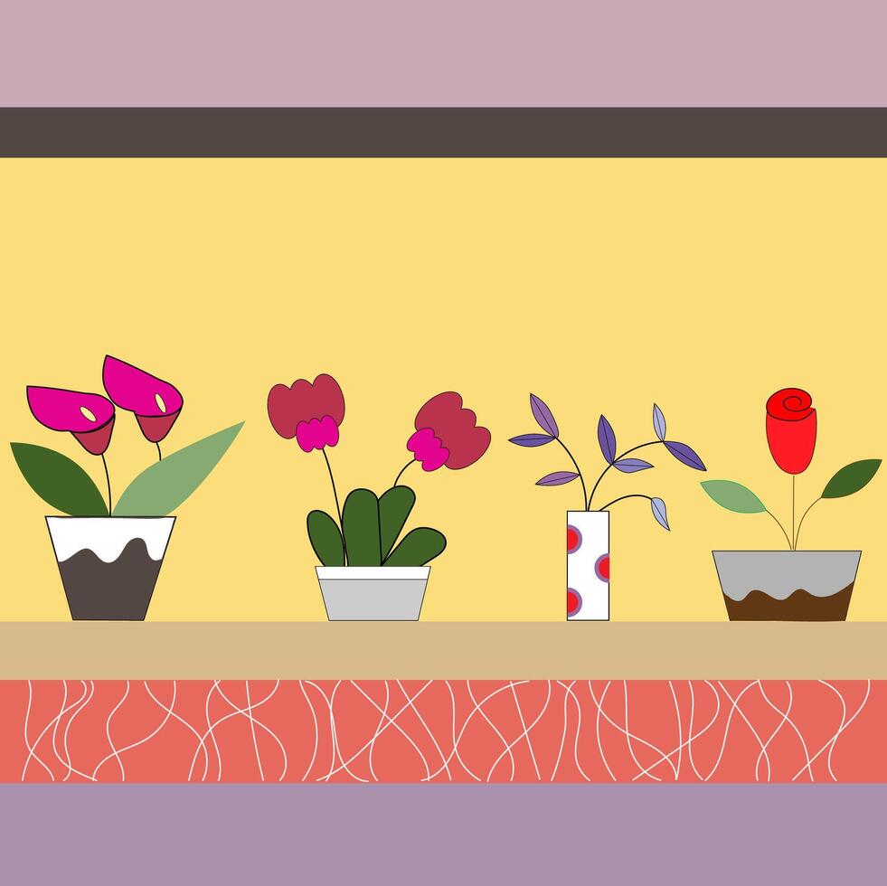 Illustration of a tree in a pot placed on the shelf, fabric pattern, space, decoration vector