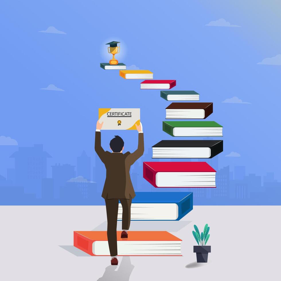 Man going up book stairs with holding certificate. Graduated and successful concept vector illustration