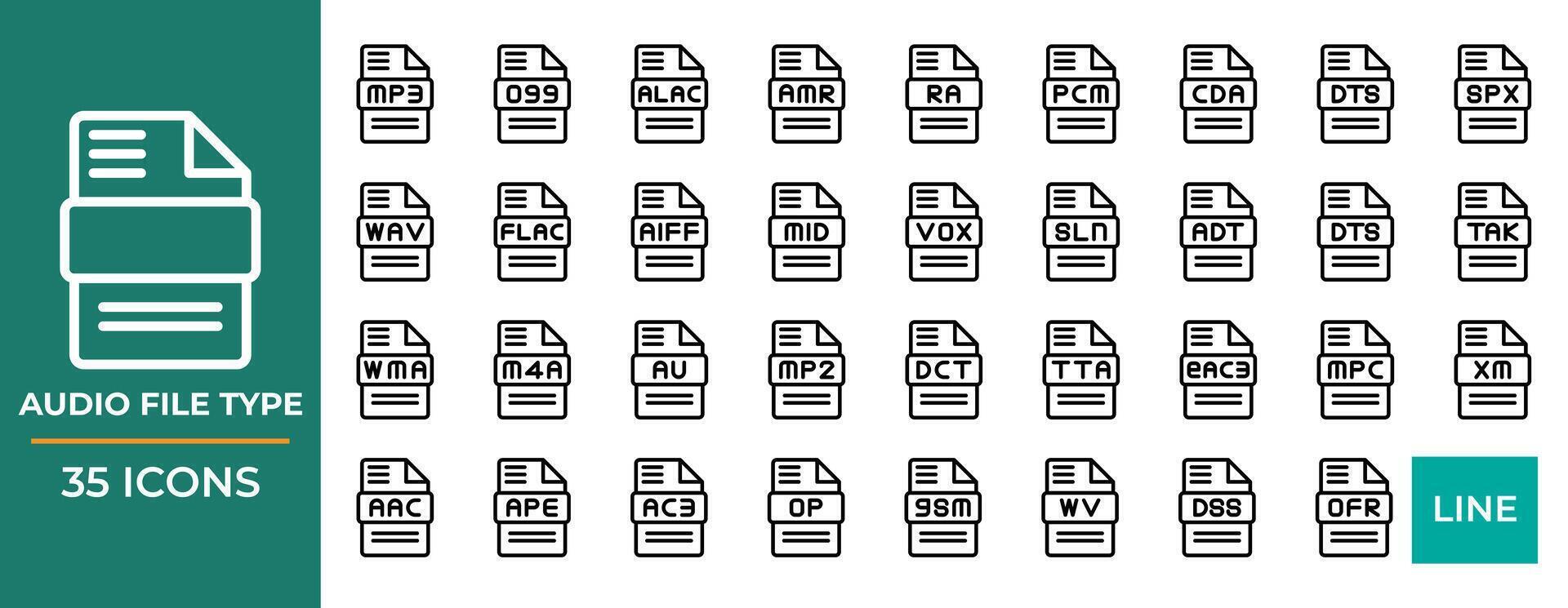 Set audio file type icons. Format files outline icon design. Vector Illustration