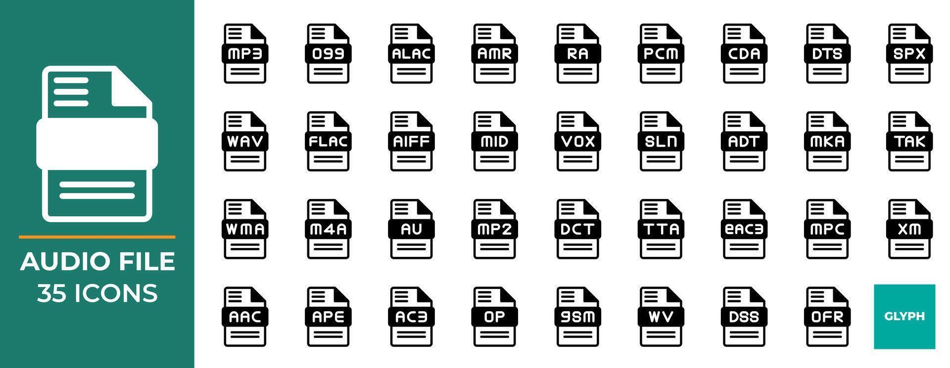 Audio file type icon set, vector solid icons collection, can be used for website interfaces, mobile applications and software.