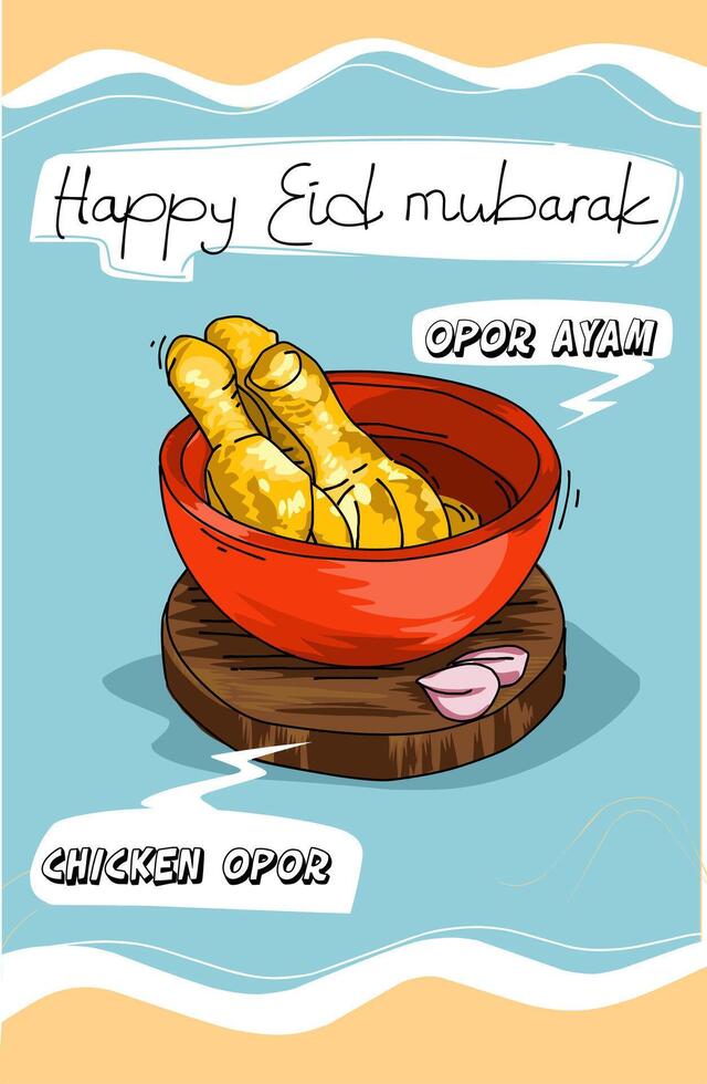 Eid Mubarak greeting card with chicken opor images on blue background vector
