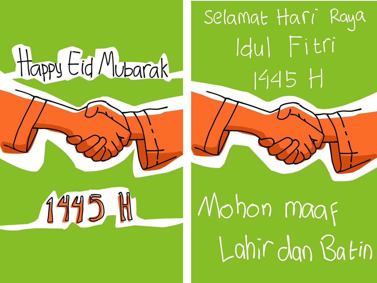 Eid Mubarak greetings with hand shaking on a green background vector