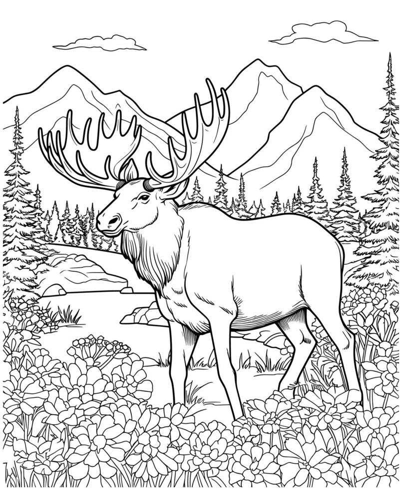 coloring pages for kids Moose on flowers vector