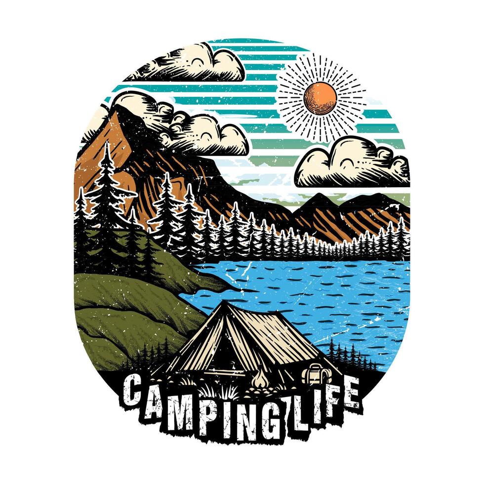 cámping vida al aire libre aventuras t camisa diseño ilustración vector