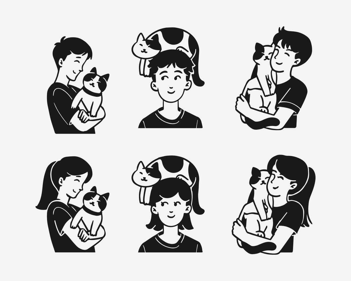 personas con gato mano dibujado ilustración vector