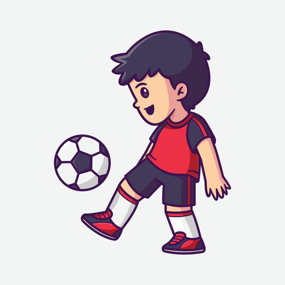 Cute boy playing football cartoon character illustration vector