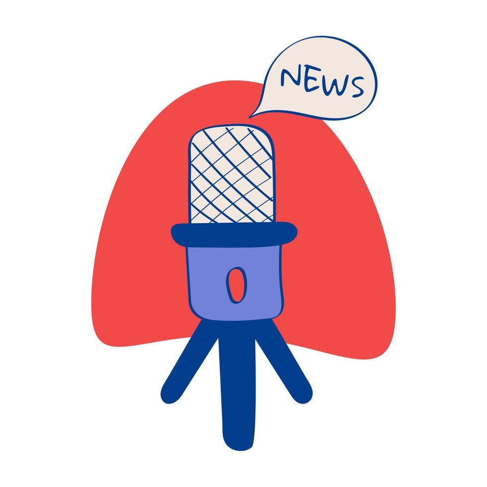 Microphone for News Podcast. Microphone with desktop stand - tripod. Talking Bubble with text News. Colored image with outline. Vector illustration.