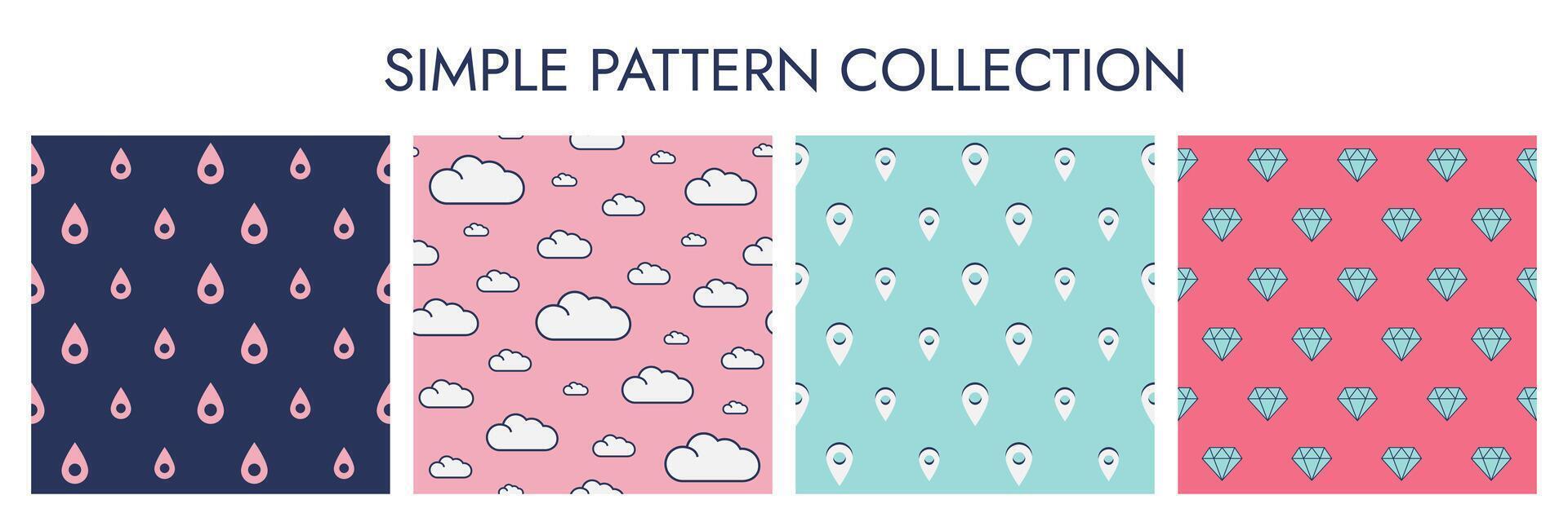 Set of Simple Patterns of Symbols - Drop, Cloud, Diamond and Pin. Symmetrical minimalistic seamless patterns with Icons. Wrapping paper. Pink, blue and dark color. Vector illustration.