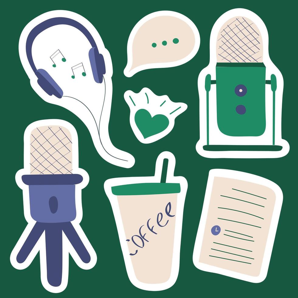 Podcast Stickers. Microphones on stands. Conversations and discussion. Music comes out of the headphones. Cup of coffee and a notebook. Like heart. Collection of Stickers. Vector illustration.
