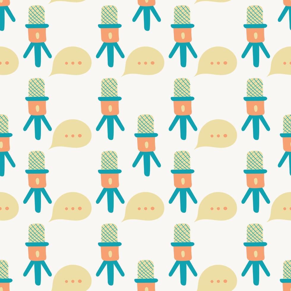 Pattern of Microphones and Speech bubble. Seamless pattern for Podcast, Broadcast, Streaming. Microphone on the stand. Discussion and conversations. Vector illustration