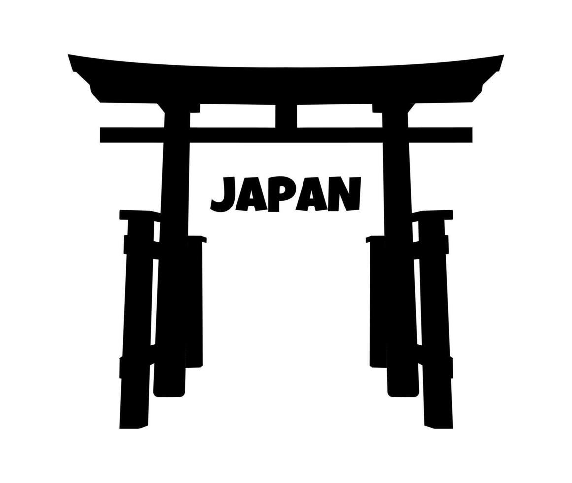 Silhouette of Torii gate and text Japan. Japanese Temple Ancient Architecture Shape. Travel. isolated object. Vector illustration.