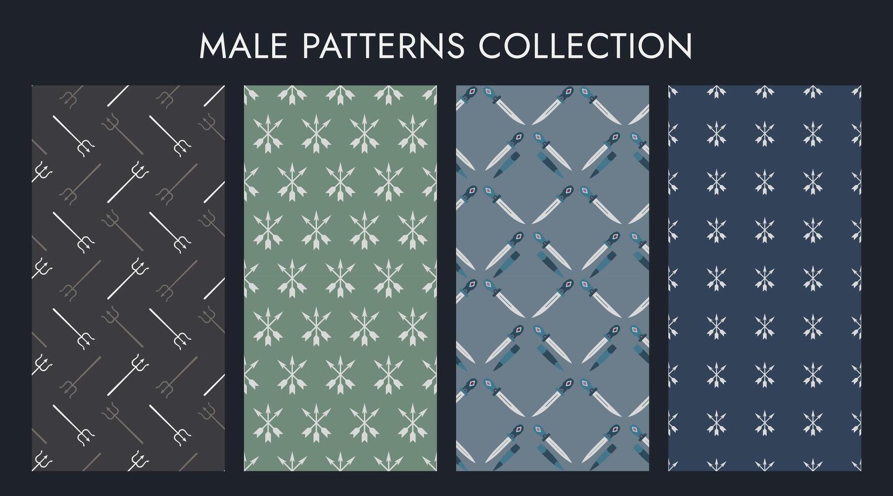 Set of Male Patterns. Weapon patterns - spears, daggers and arrows. Symmetrical, strict and calm images. Simple prints for menswear. Wrapping paper. Dark colors. Vector illustration.