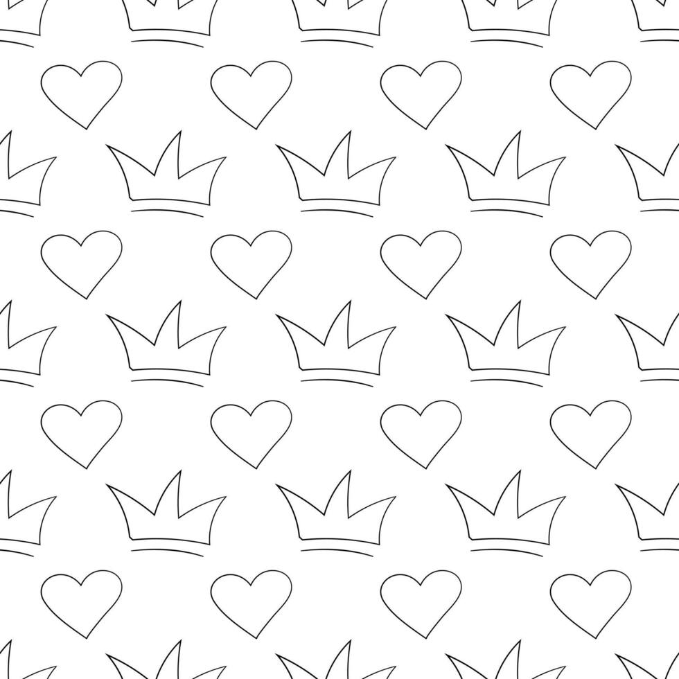 Drawn Hearts and Crowns. Seamless contour pattern. Little prince or princess. Love and power. Self love, vanity. Children drawing. Wrapping. Vector illustration.