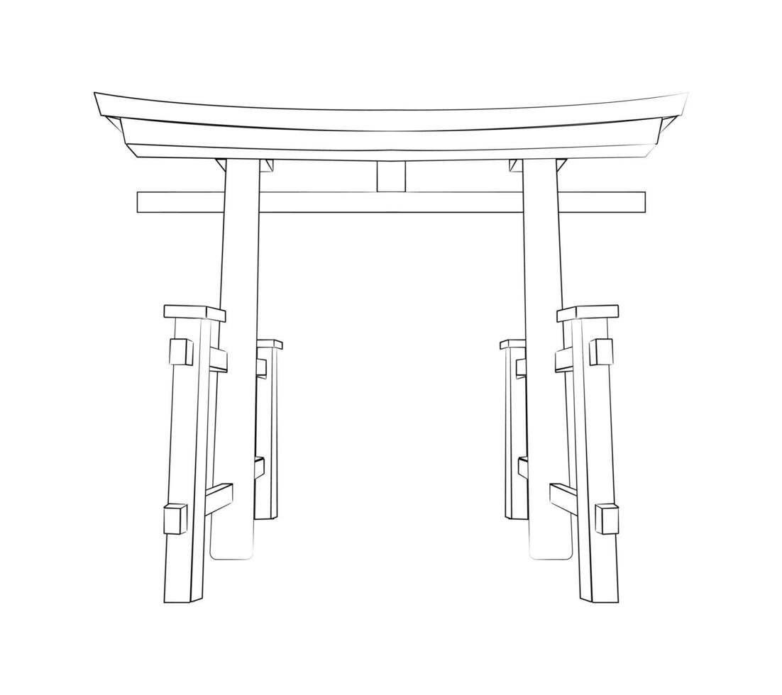Torii gate. Outline illustration. Entrance to an ancient Japanese temple. Hand-drawn image. Travel to Japan. Linear vector illustration.