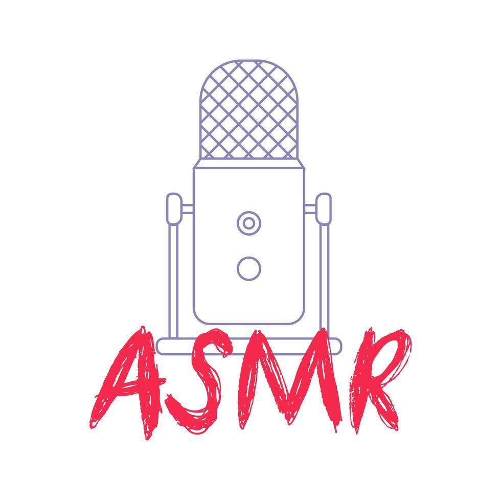 Outline microphone and handwritten ASMR text. Logo for the ASMR channel. An isolated object on a white background. Vector illustration.