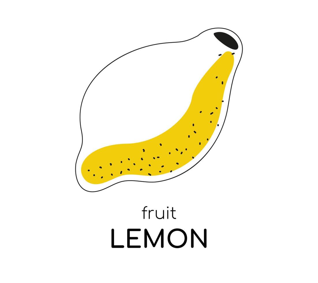 contorno limón con un amarillo Mancha de color. agrio fruta, agrios. tarjeta con texto para aprendizaje el palabra limón en inglés. póster o tarjeta postal. aislado objeto. vector ilustración
