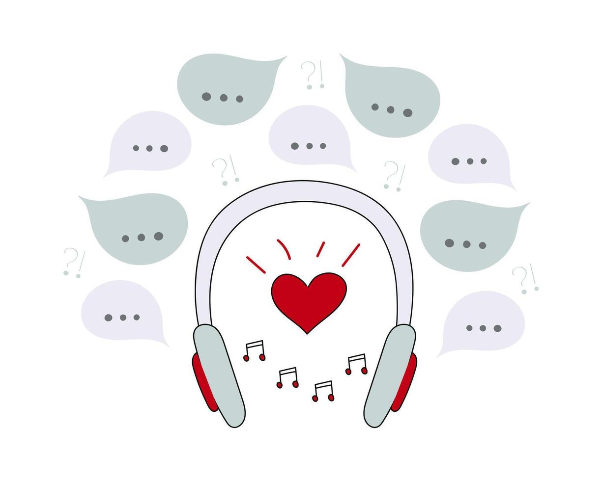 Music plays in the Headphones among other people's Conversations. Lots of speech bubbles and questions. Favorite playlist from Headphones. Alone with yourself among the crowd. Vector illustration.