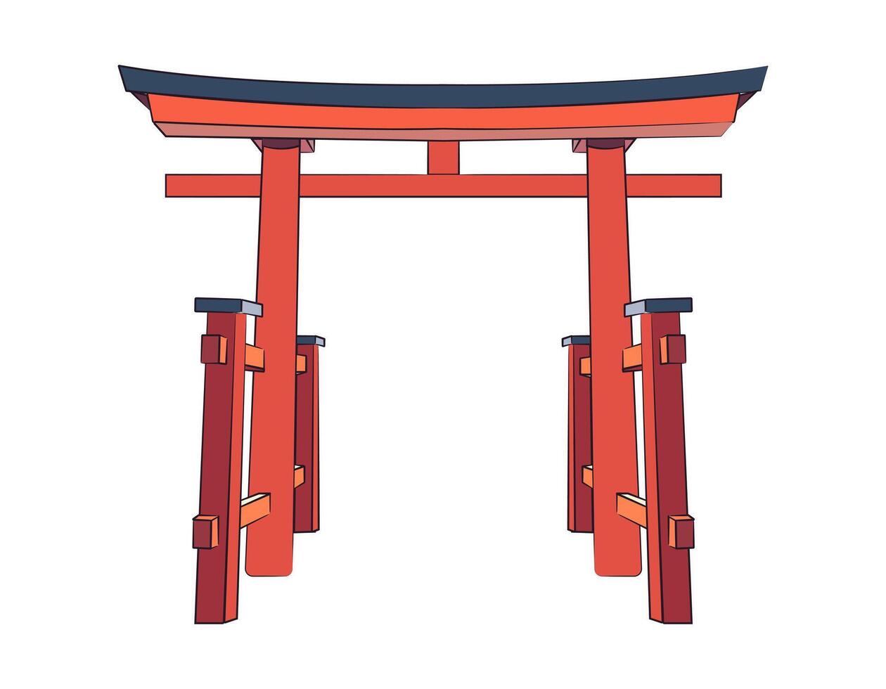 Japanese red gate of Torii Shrine. Ancient architecture of Japan. Color hand-drawn image. Isolated object on a white background. Vector illustration.
