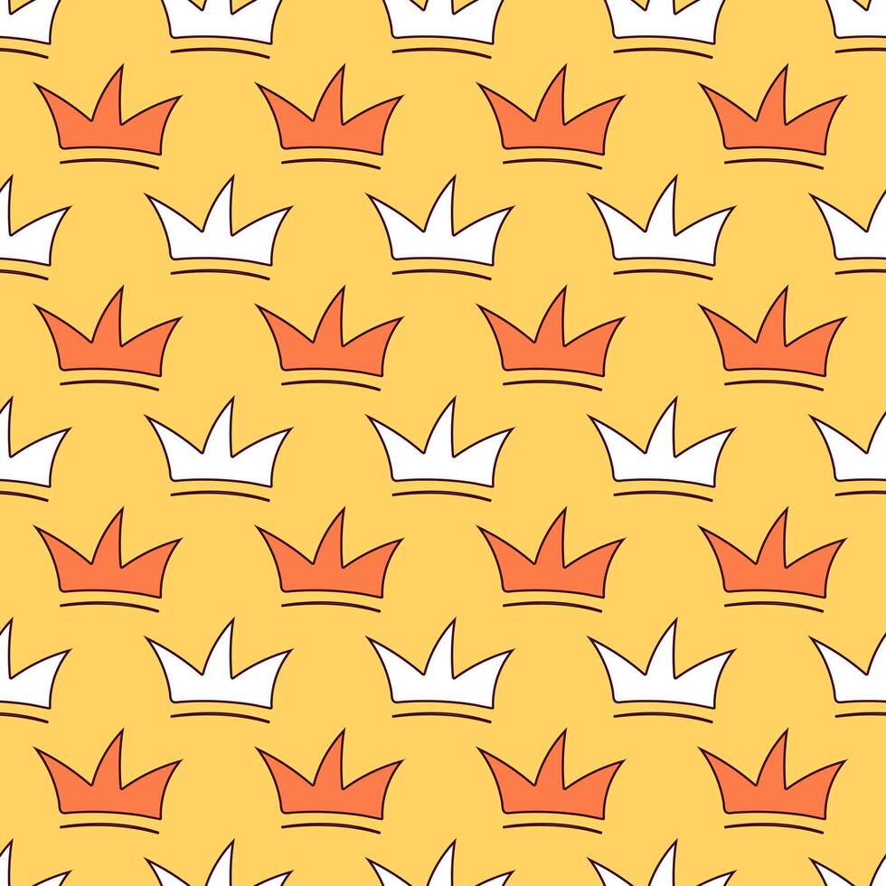 Drawn contour crown on a yellow background. Seamless pattern white and orange tiara. Prince and princess, king and queen. Children drawing. Vector illustration.