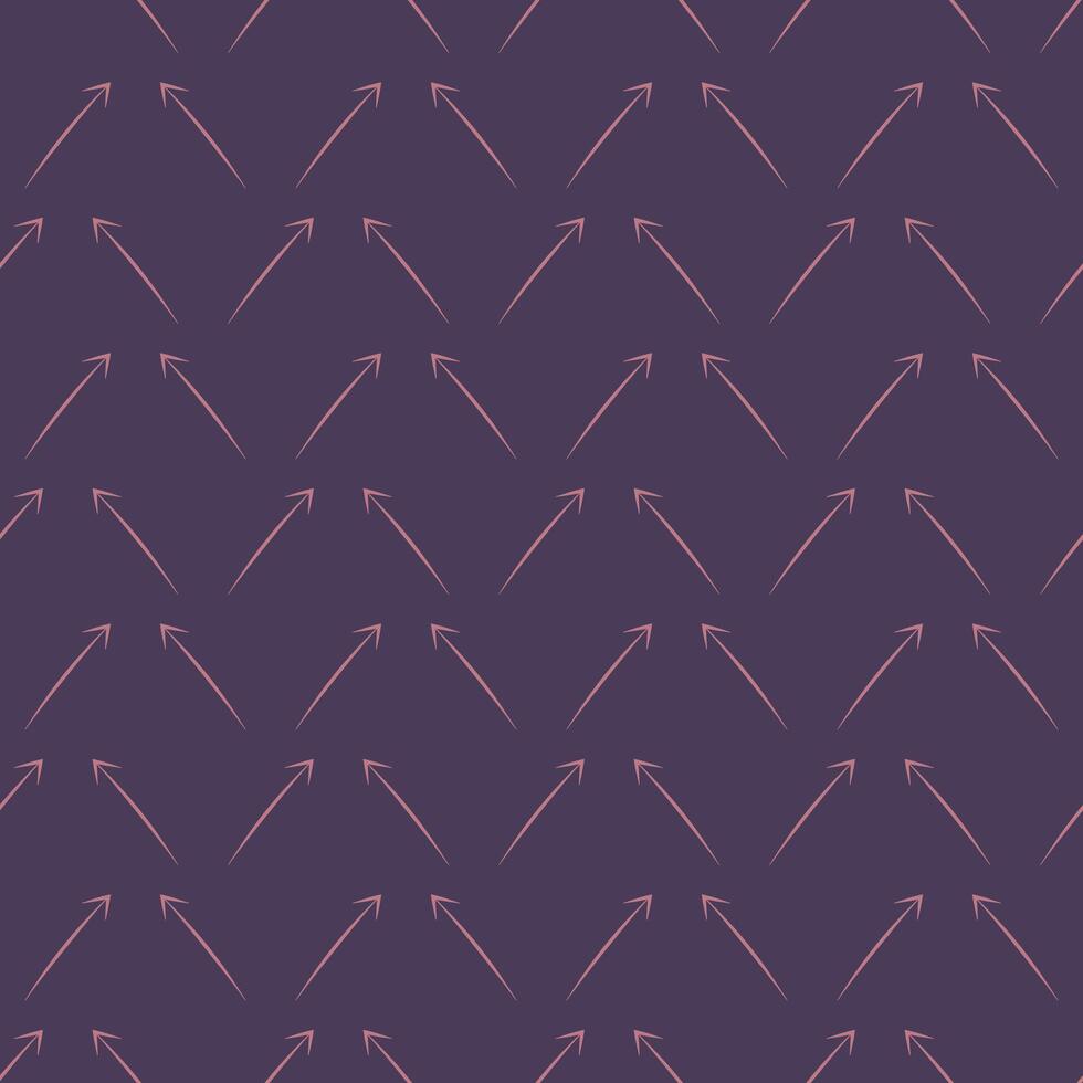 Seamless pattern of pink arrows on a dark background. Diagonal Direction Up. Drawn Cursor. Doodle arrows. Vector illustration.