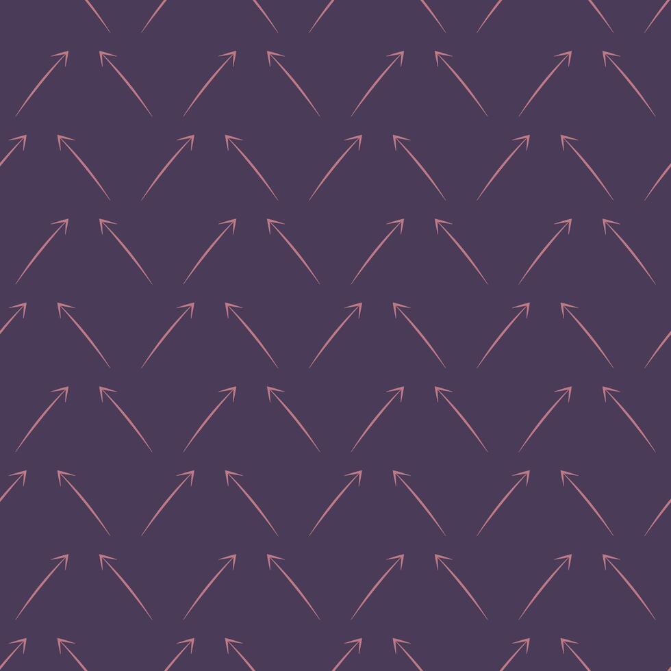 Seamless pattern of pink arrows on a dark background. Diagonal Direction Up. Drawn Cursor. Doodle arrows. Vector illustration.