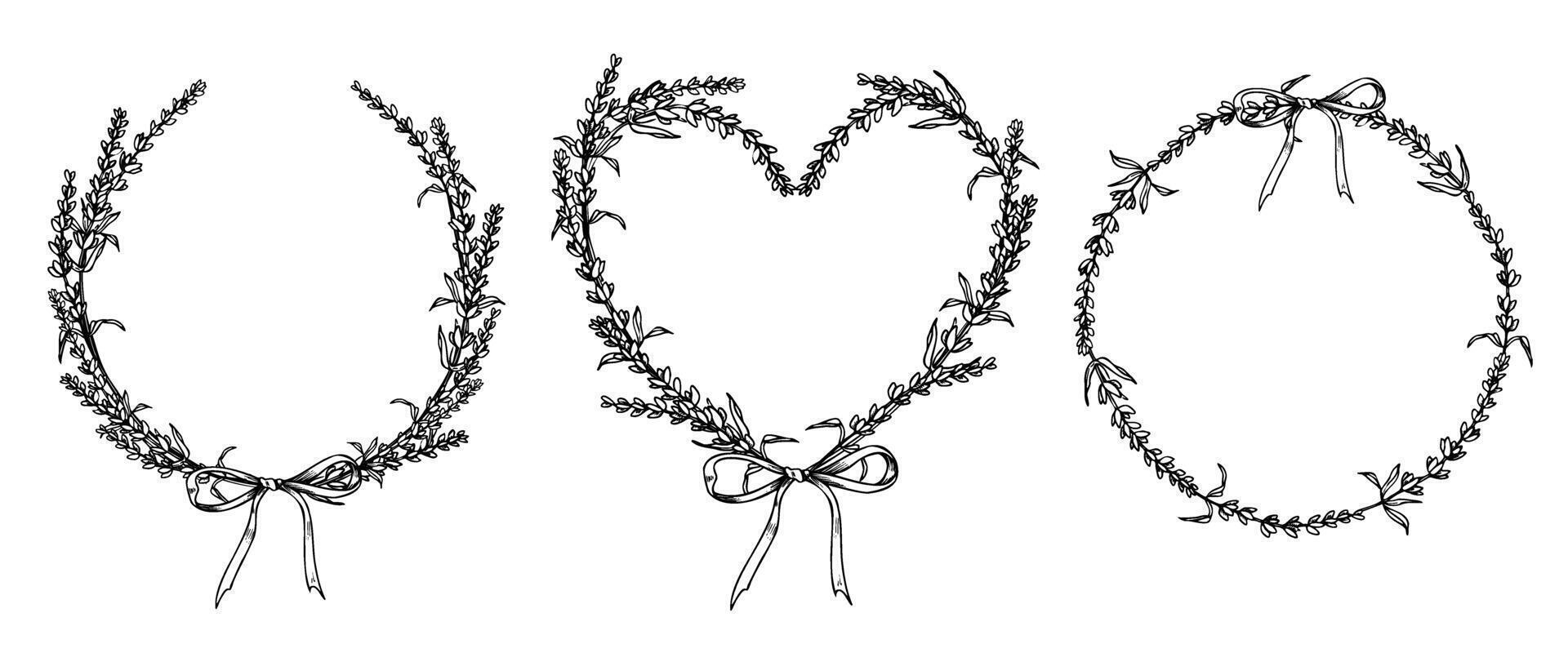 Lavender Wreath set. Hand drawn vector floral circle Frame on white isolated background. Illustration of Lavandula border. Template for greeting cards or wedding invitations with Provence herbs