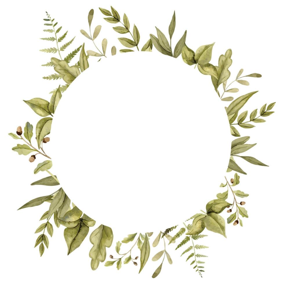 Frame with forest green leaves. Wreath with plants. Hand drawn watercolor illustration of template for greeting cards or invitations. Woodland round border with branches for icon or logo vector