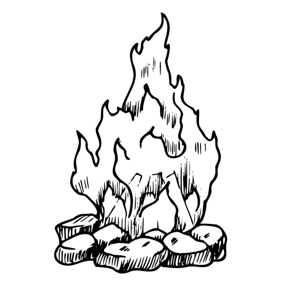 acampar fuego con fuego y de madera retrasos mano dibujado vector ilustración de hogar en aislado antecedentes. dibujo de hoguera pintado por negro tintas bosquejo de hoguera para viaje y aventuras