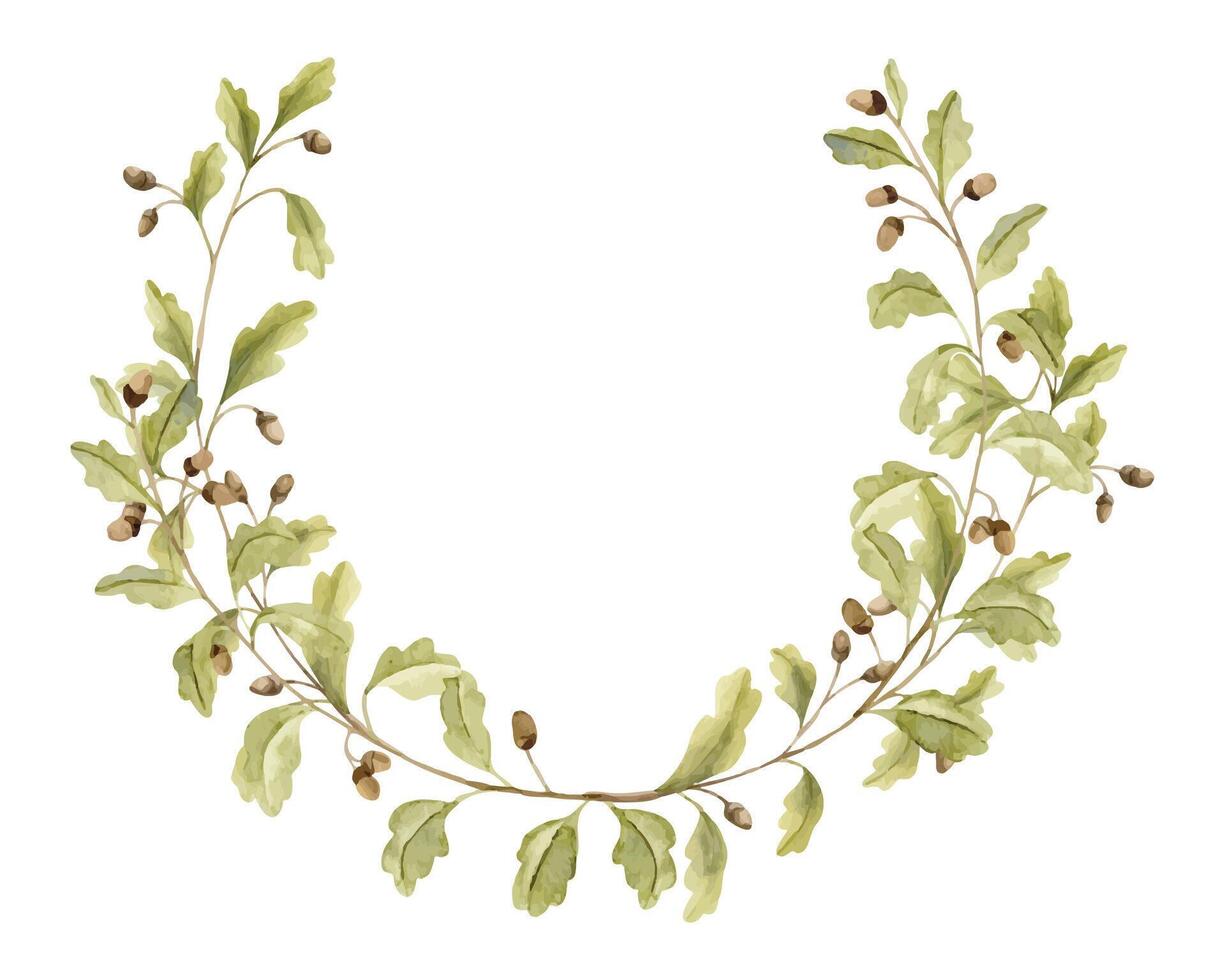 Oak branch Wreath. Hand drawn watercolor illustration of round Frame with acorns and green leaves on white isolated background. Circular border with forest foliage for icon, logo or greeting cards vector