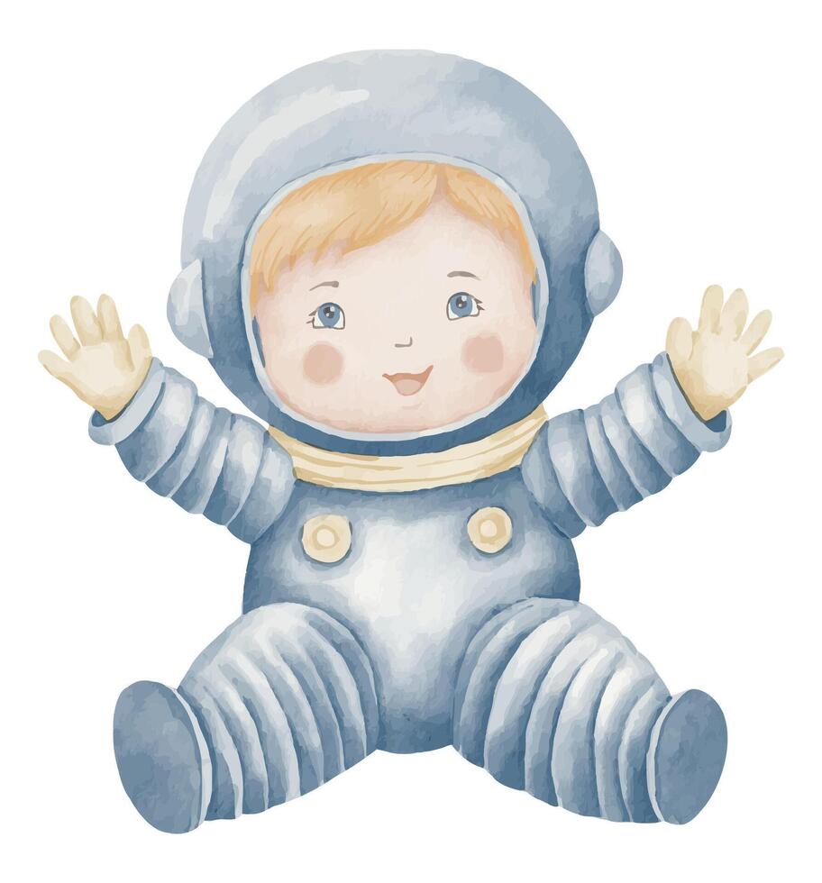 Cosmonaut watercolor illustration. Hand drawn Astronaut in a Space on isolated background. Drawing of boy Spaceman for Baby shower greeting cards or birthday invitation pastel colors vector