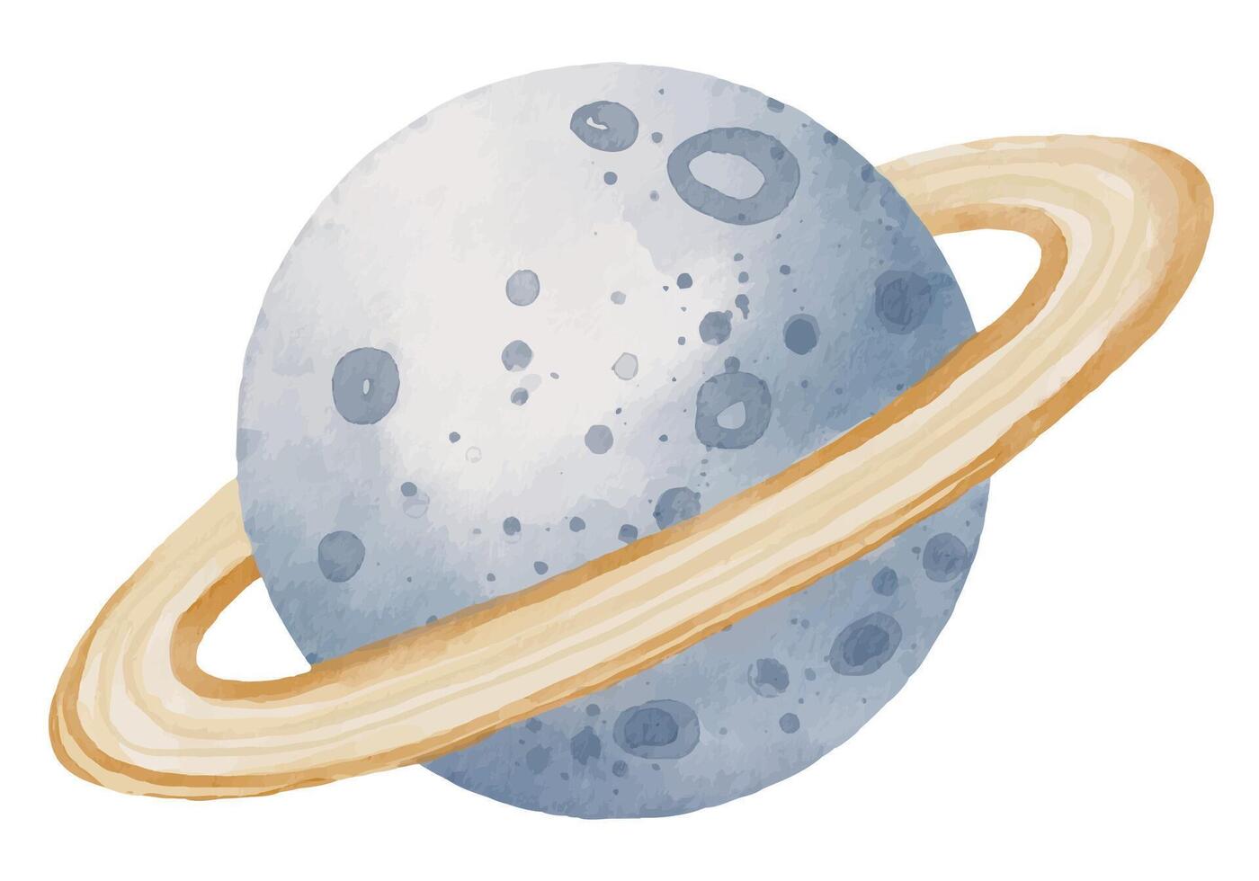 Planet with ring in a Space watercolor illustration. Drawing of Saturn in pastel colors for Baby shower greeting cards or childish birthday invitations. Sketch of galaxy on isolated background vector