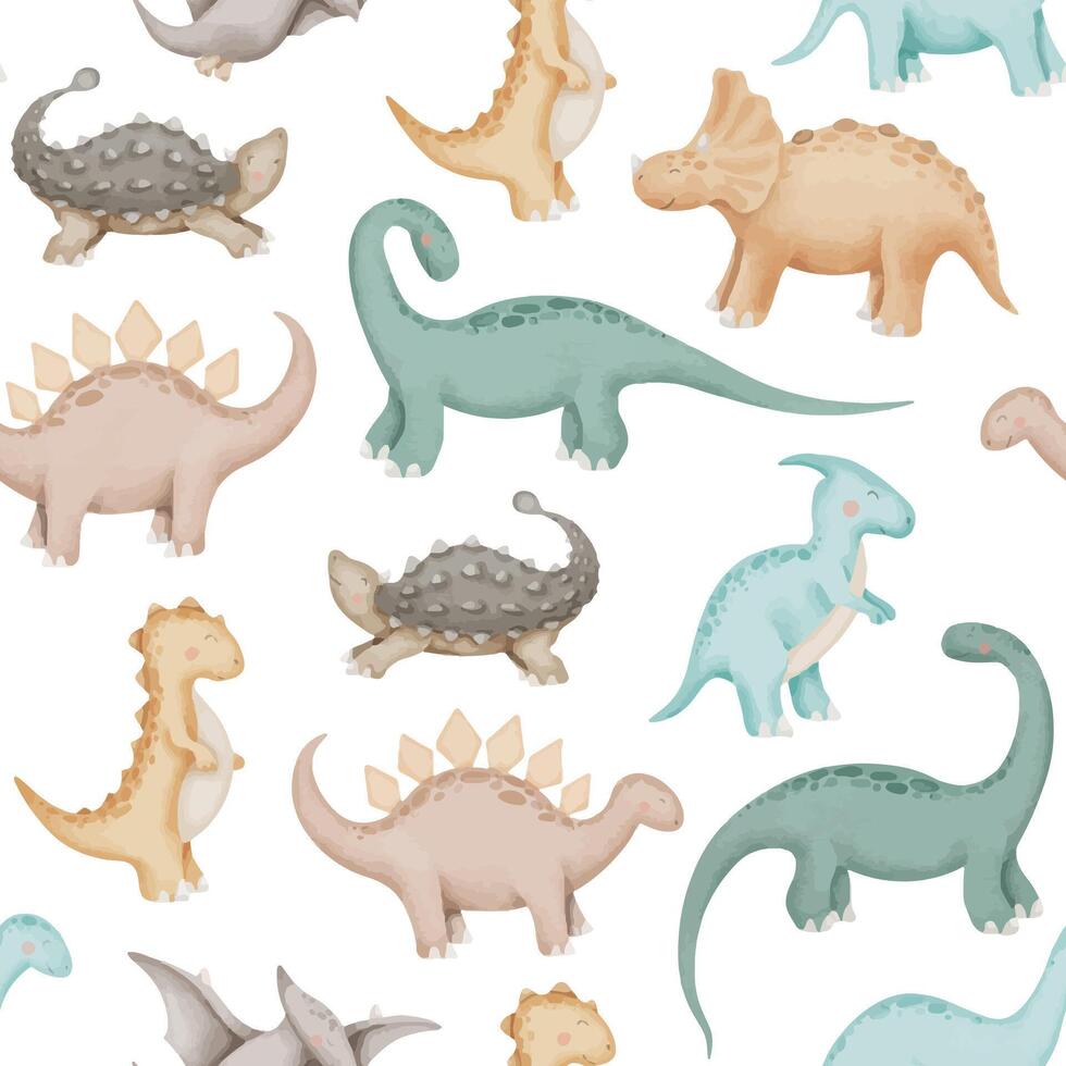 Dinosaurs Watercolor seamless Pattern. Cute dino Baby Print. Hand drawn on isolated white background. Cartoon animal character drawing. Funny illustration for fabrics and kids bedding. vector
