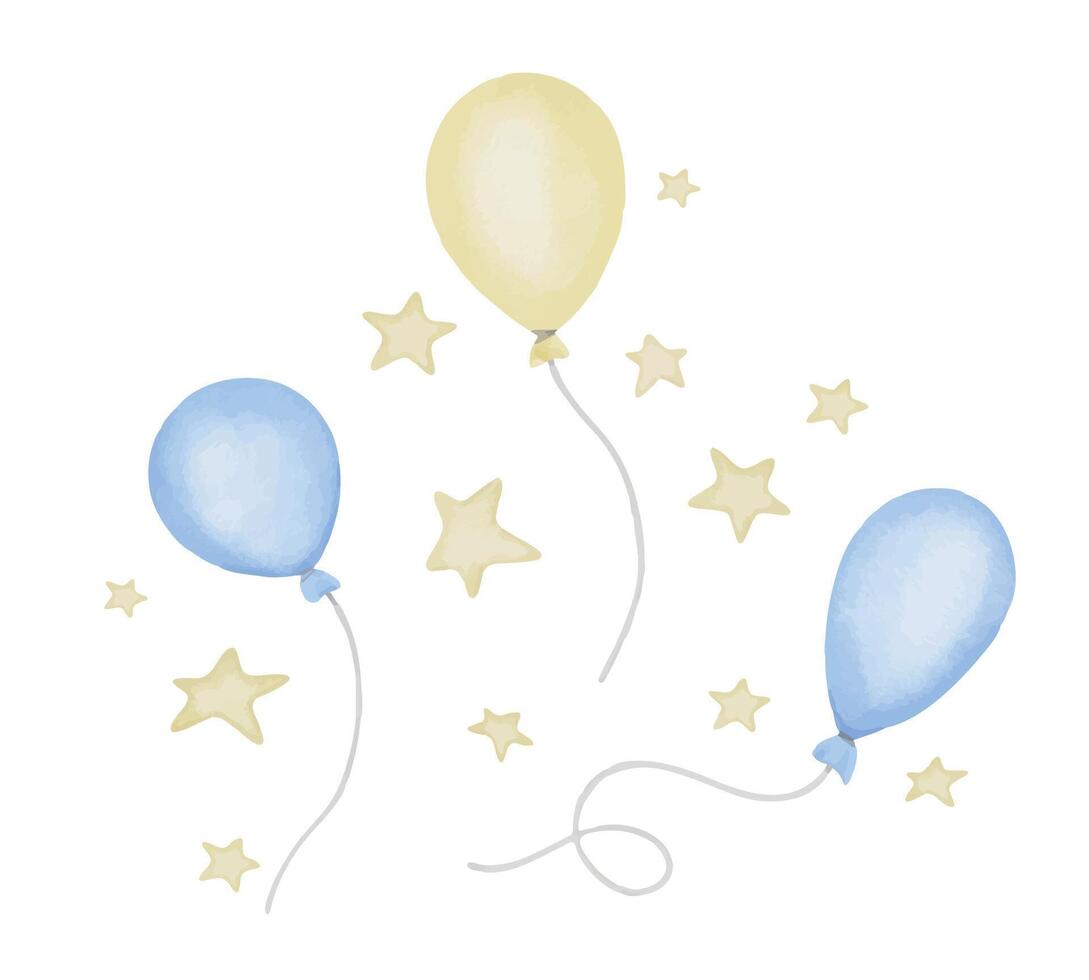 Air Balloons watercolor set. Hand drawn illustration with light blue and yellow pastel Ballons. Cute set for birthday party greeting cards or Baby shower invitations. Collection with stars vector