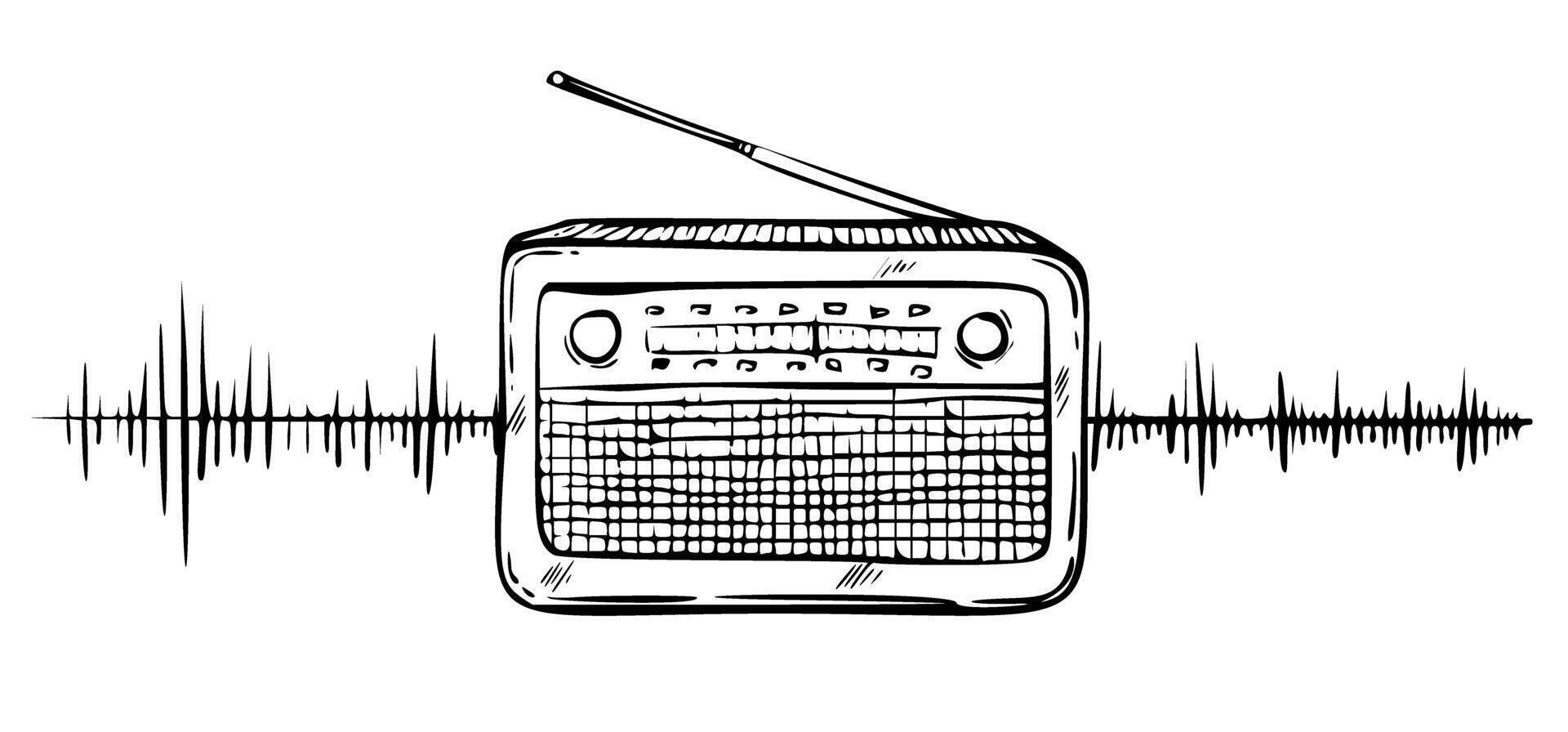 Radio vector illustration. Hand drawn linear drawing of FM tuner with sound wave painted by black inks. Sketch of old retro media equipment in outline style. Engraving of sound receiver for broadcast