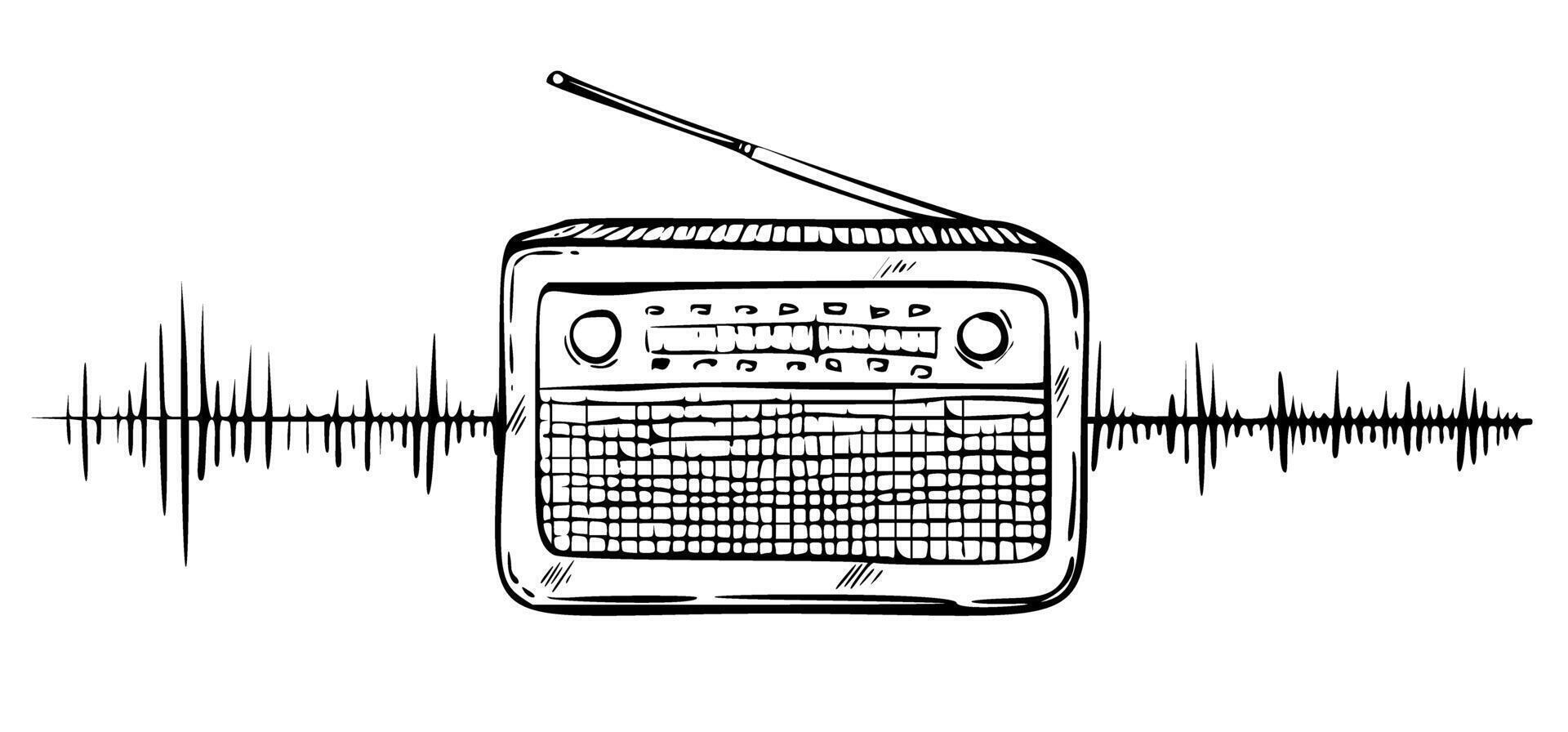 radio vector ilustración. mano dibujado lineal dibujo de fm sintonizador con sonido ola pintado por negro tintas bosquejo de antiguo retro medios de comunicación equipo en contorno estilo. grabado de sonido receptor para transmitir