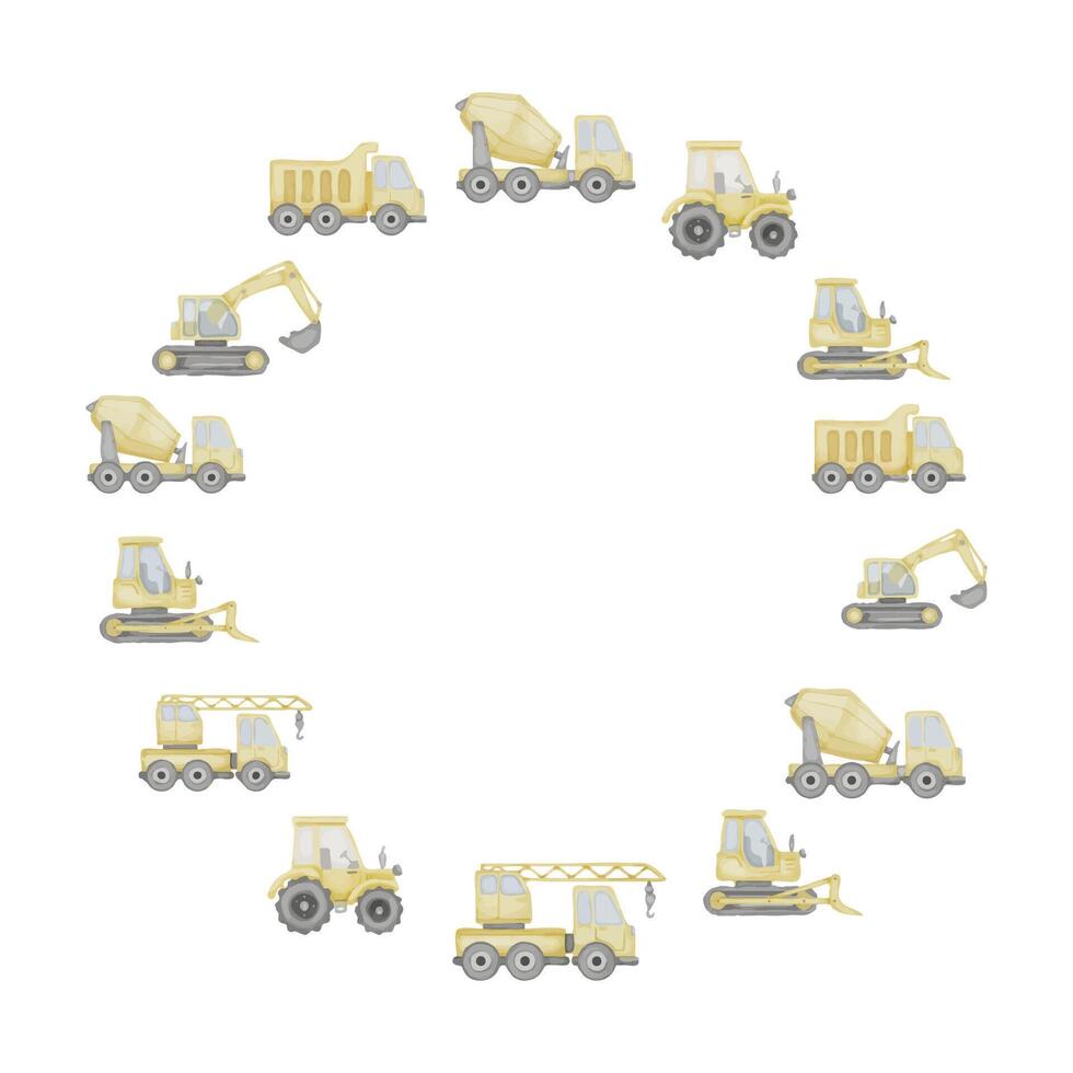 Truck round Frame. Watercolor illustration of wreath with toy cars. Hand drawn template for baby shower greeting cards or childish birthday invitations. Tractor border with lorry and auto crane vector