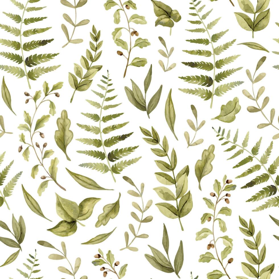 Woodland seamless Pattern with forest leaves and ferns. Hand drawn watercolor ornament on white isolated background with branches and plants for childish wrapping paper or baby textile design. vector