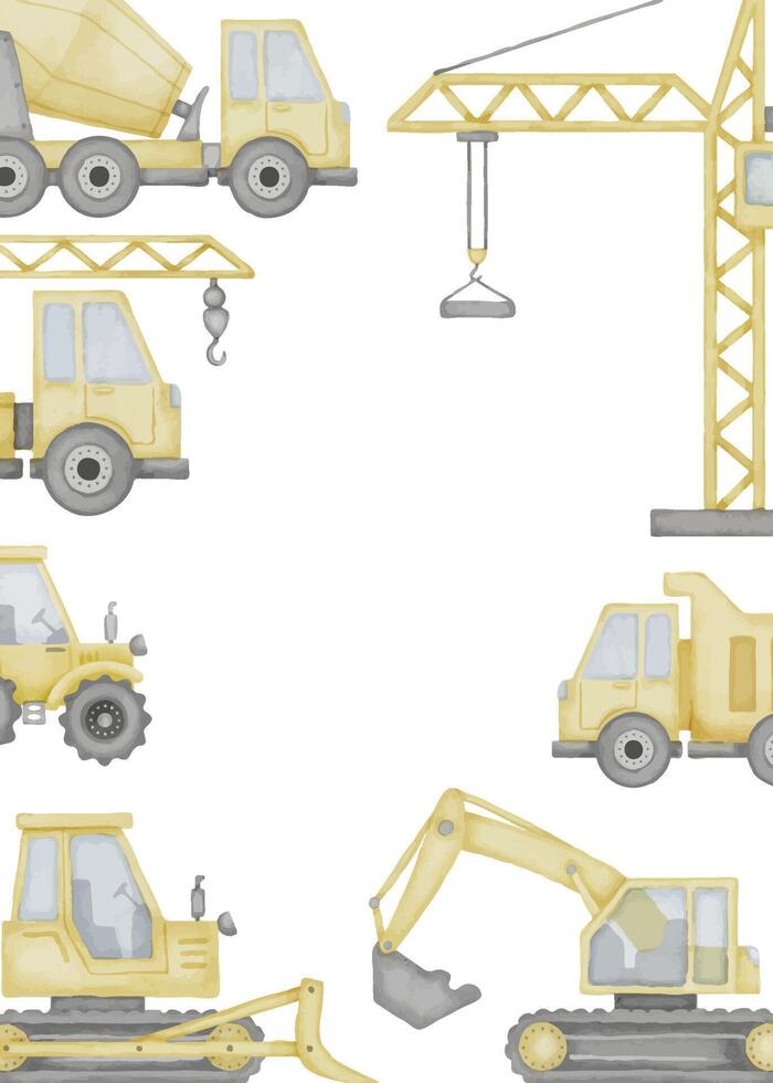 Watercolor Template with Tracks, Cars and Tractors for Baby shower greeting card or childish birthday invitations. Frame with building machines for childish poster. Border with excavator vector