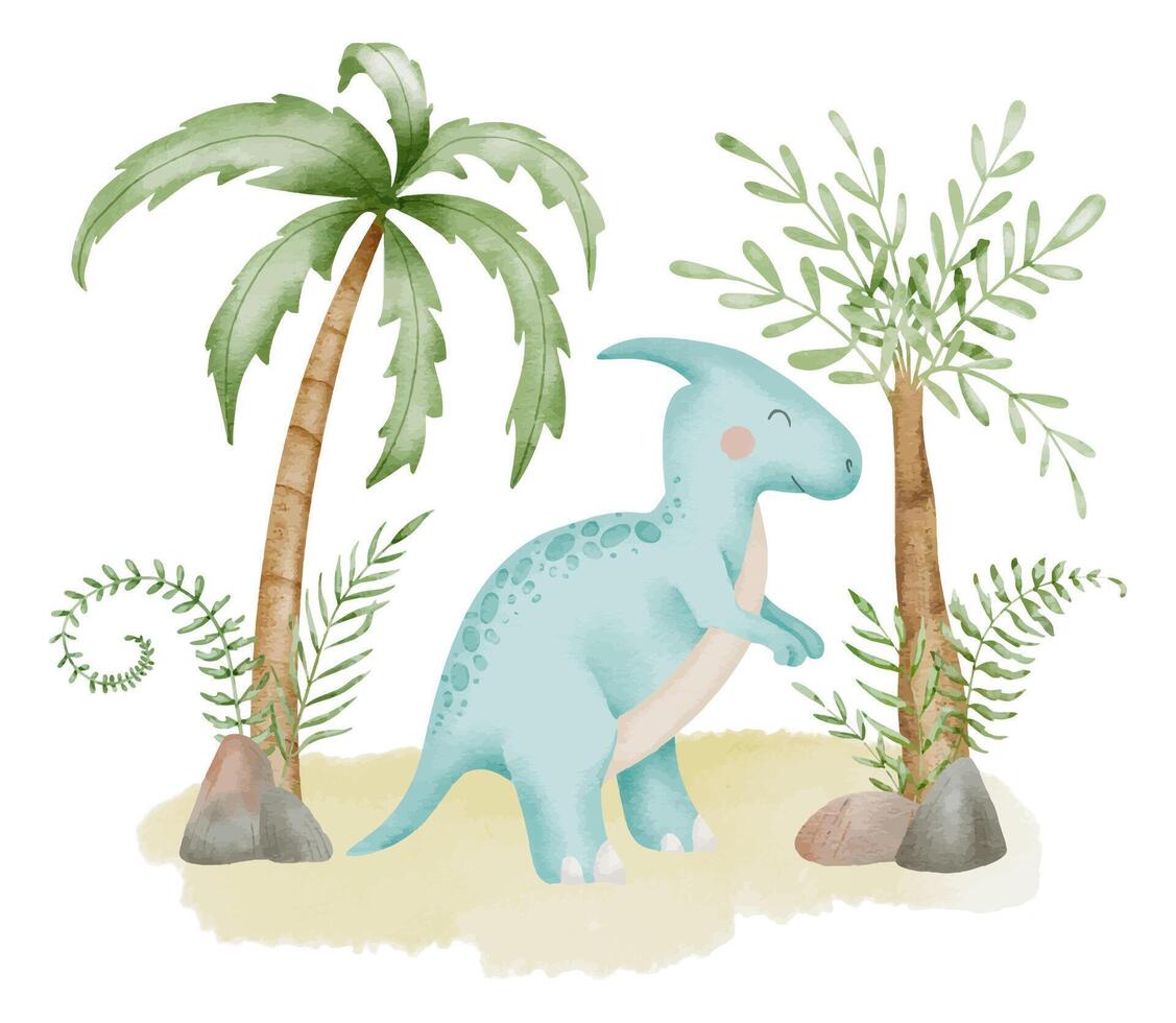Dinosaur in nature Watercolor illustration. Hand drawn on isolated background. Dino and palm trees for cute cartoon t-shirt print for boy or girl. Perfect for birthday card or baby shower invitation vector