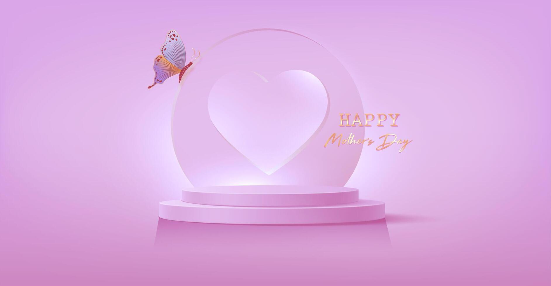 Mother's Day banner, 3d stage podium decorated with round heart shape and butterfly. Pedestal scene for product, advertising, show, mom ceremony, pink background. Minimal style. Vector illustration