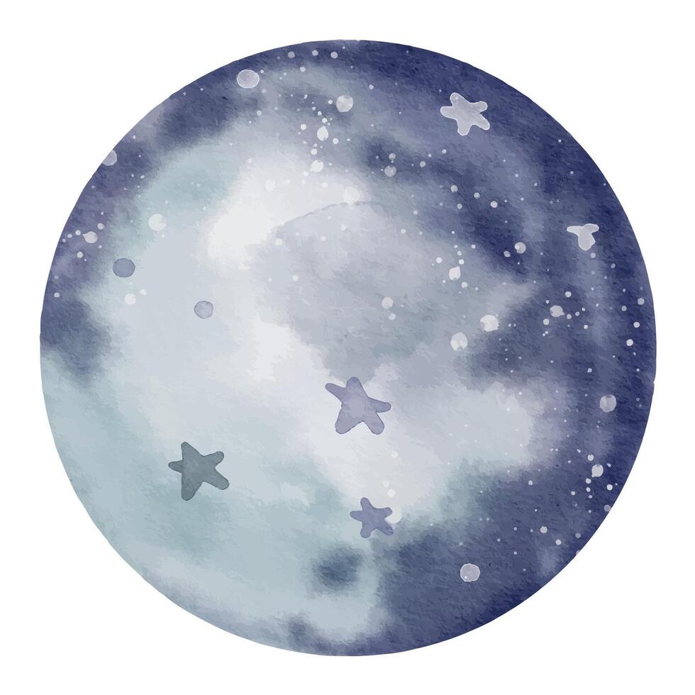 Blue Planet watercolor illustration. Hand drawn sketch of cosmic object in a Space with stars in pastel dark and light colors. Painting with astronomical sphere for baby design on isolated background vector