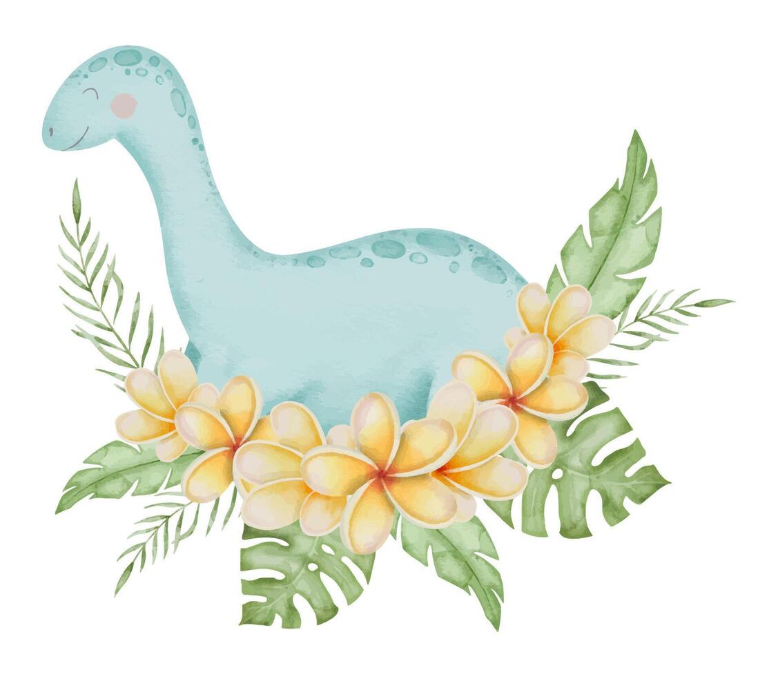 Dinosaur in Flowers Watercolor illustration. Hand drawn on isolated background. Painting of Diplodocus Dino and plumeria. Baby cute animal character for cards and t-shirts or posters and stickers vector